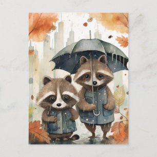 Carte Postale Raton laveurs mignons sous la pluie