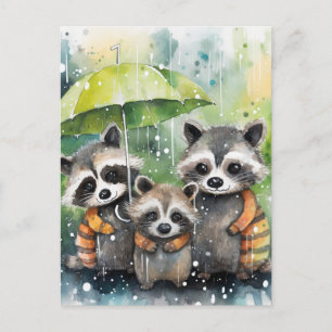 Carte Postale Raton laveurs mignons sous la pluie