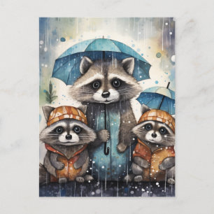 Carte Postale Raton laveurs mignons sous la pluie