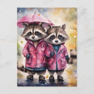 Carte Postale Raton laveurs mignons sous la pluie