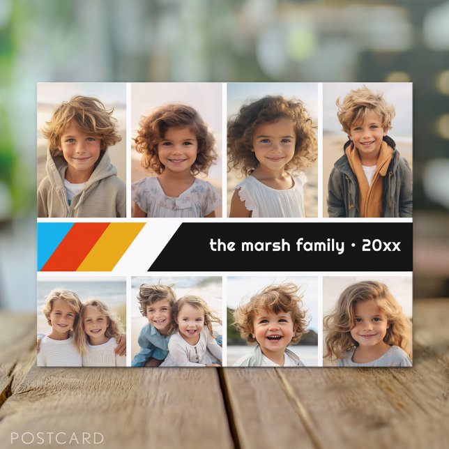 Carte Postale Rayure Rétro Cyan - Collage de 8 photos (Custom Personalized Photo Collage Postcard)