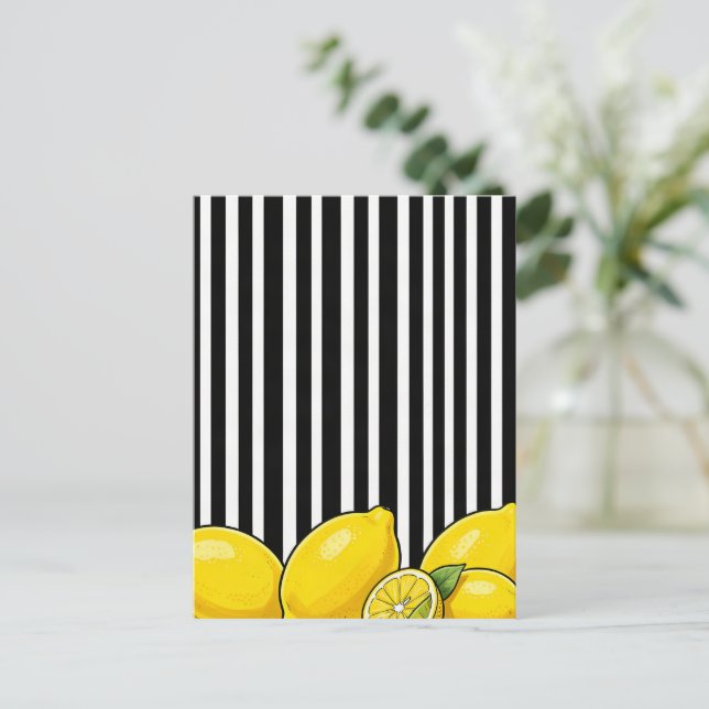 Carte Postale Rayures noires et blanches avec des citrons (Debout devant)