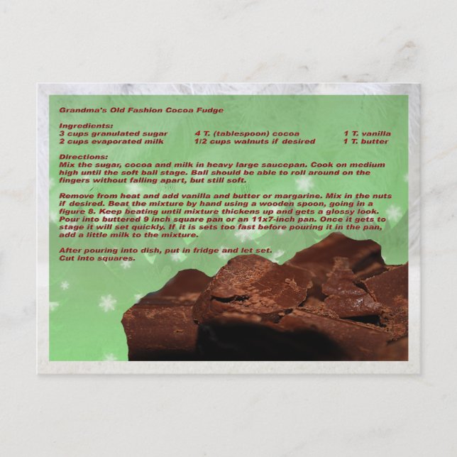 Carte Postale Recette de la vieille fudge de mode de grand-mère (Devant)
