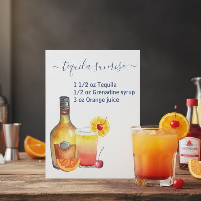 Carte Postale Recette Tequila Sunrise Aquarelle (Créateur téléchargé)
