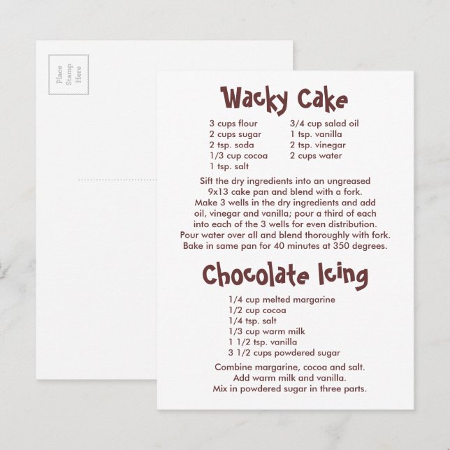 Carte Postale Recettes de gâteau farfelu et de glaçage au chocol (Devant / Derrière)