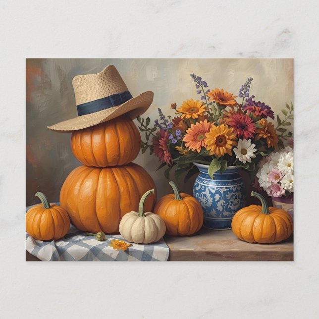 Carte Postale Récolte de Citrouilles de pays avec fleurs (Devant)