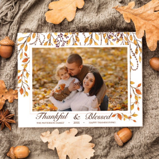 Carte Postale Reconnaissant & Bénis Joyeux Thanksgiving Feuillag