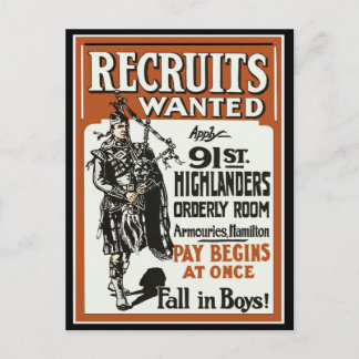 Carte Postale Recrutement 91e Highlanders Bagpiles Première Guer