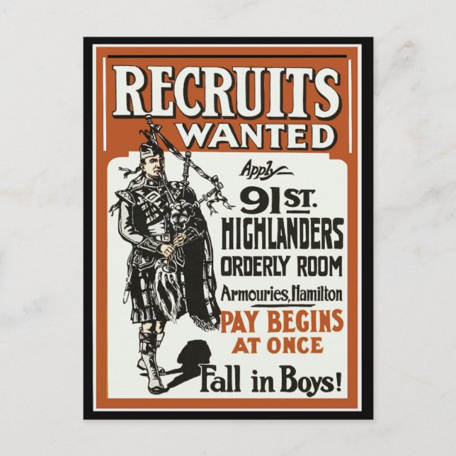 Carte Postale Recrutement 91e Highlanders Bagpiles Première Guer (Devant)