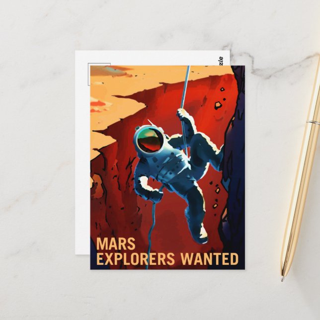 Carte Postale Recrutement Mars vintage "Explorers Recherchés" (Devant/Arrière en situation)
