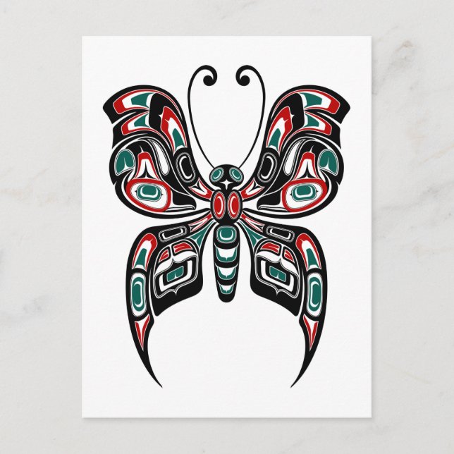 Carte Postale Red and Green Haida Spirit Butterfly on White (Devant)