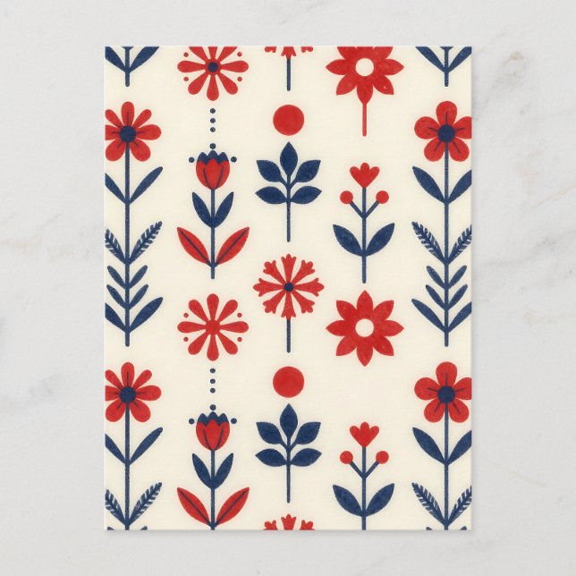Carte Postale Red and Navy Folk Floral Pattern (Devant)