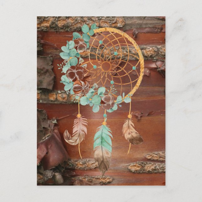 Carte Postale Red Birch Bark Dreamcatcher Brown et Turquoise (Devant)