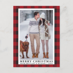 Carte Postale Red Buffalo Plaid Joyeux Noël Couple Photo