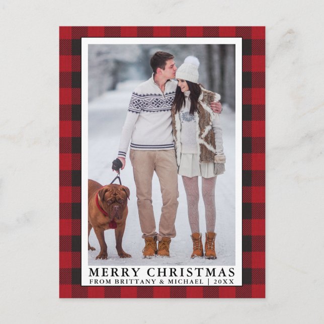 Carte Postale Red Buffalo Plaid Joyeux Noël Couple Photo (Devant)