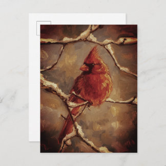 Carte Postale Red Cardinal Bird Oil Painting – Winter Branch