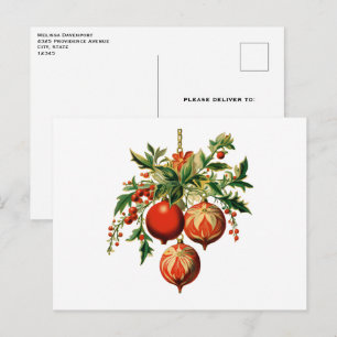 Carte Postale Red Christmas Baubles avec Holly Festive