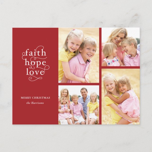 Carte Postale Red Faith Hope Love 4-Photo Typographie Noël (Devant)