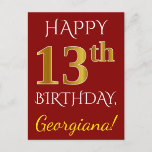 Carte Postale Red, Faux Gold 13th Birthday + Custom Name