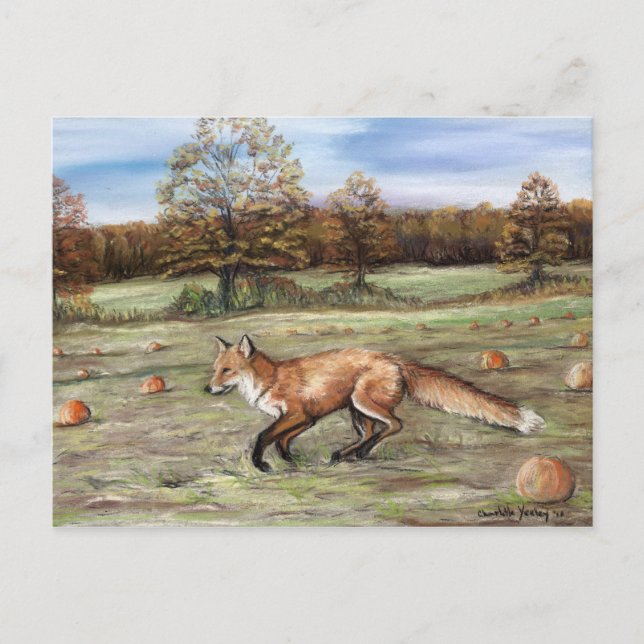 Carte Postale Red Fox in Pumpkin Patch Art Pastel Painting (Devant)