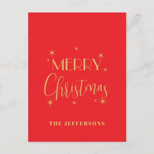 Carte Postale Red & Gold Colors Merry Christmas Family Name (Devant)