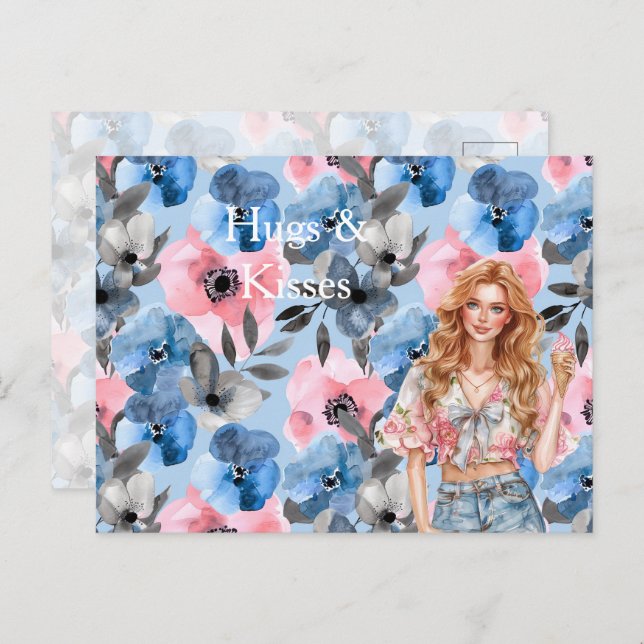 Carte Postale Red Hair Girl Ice Cream Blue Floral Hugs Kisses (Devant / Derrière)
