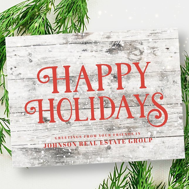 Carte Postale Red Happy Holidays on Wood | Salutations (Créateur téléchargé)