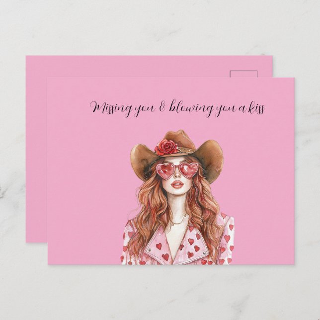 Carte Postale Red Head Lady Cowgirl Hearts Blowing You A Kiss (Devant / Derrière)