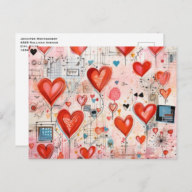 Carte Postale Red Hearts Whimsical Love Motif (Devant / Derrière)