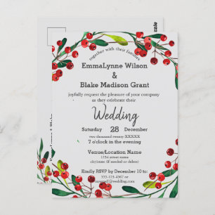Carte Postale Red Holly Berries Wreath Xmas Faire-part de mariag