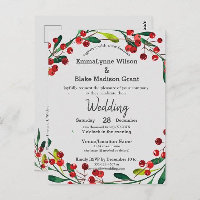 Carte Postale Red Holly Berries Wreath Xmas Faire-part de mariag (Devant / Derrière)