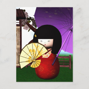 Carte Postale Red Kokeshi Doll Art