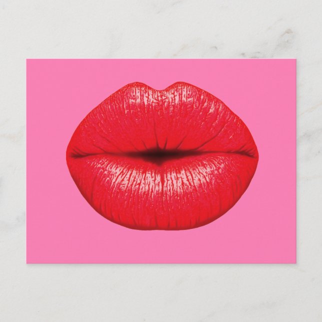 Carte Postale Red Lipstick big pop art lips on girly pink (Devant)
