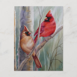 Carte Postale Red Northern Cardinal Bird Pair Aquarelle Art