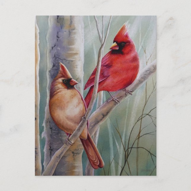 Carte Postale Red Northern Cardinal Bird Pair Aquarelle Art (Devant)
