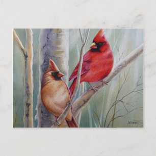 Carte Postale Red Northern Cardinal Bird Pair Aquarelle Art