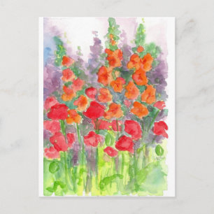 Carte Postale Red Orange Poppy Gladiola Flower Watercolor Garden