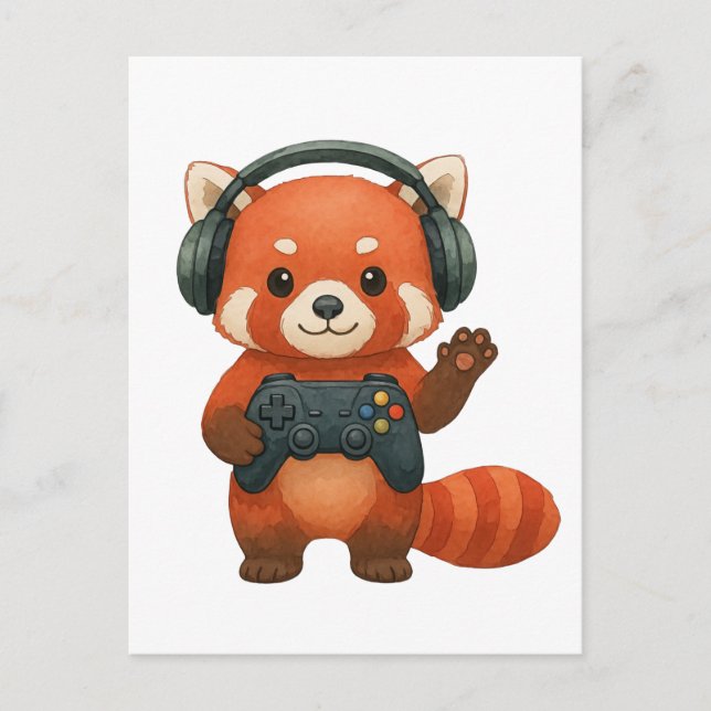 Carte Postale Red Panda Gamer, contrôleur de jeu et casques (Devant)