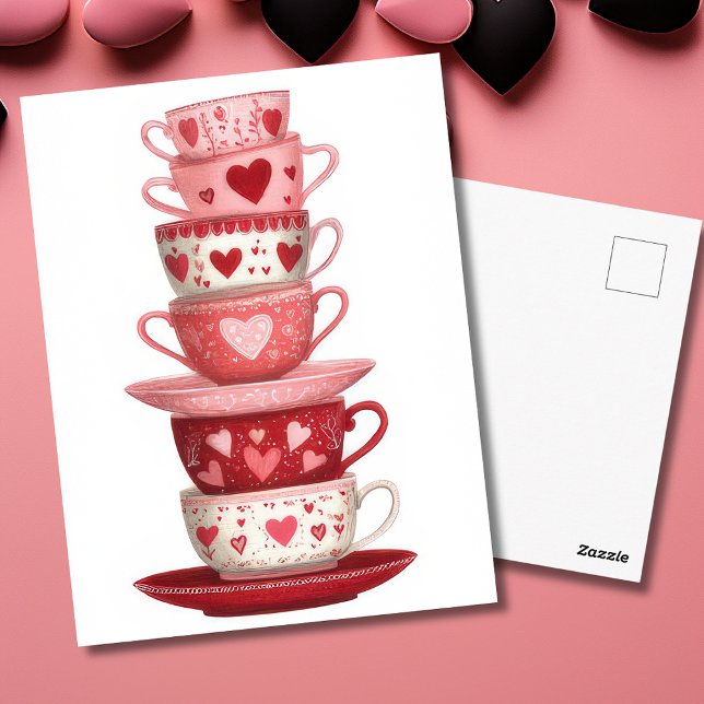 Carte Postale Red Pink Heart Mugs Valentine`s Day Card  (Créateur téléchargé)