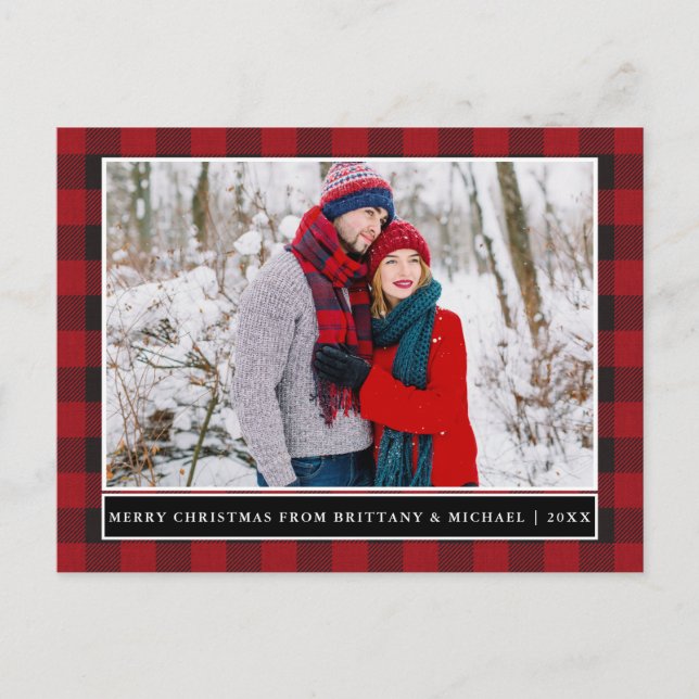 Carte Postale Red Plaid Couple Photo Joyeux Noël (Devant)