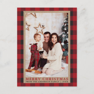 Carte Postale Red Plaid Family Photo Joyeux Noël Kraft