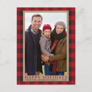 Carte Postale Red Plaid Family Photo Joyeux Vacances Kraft