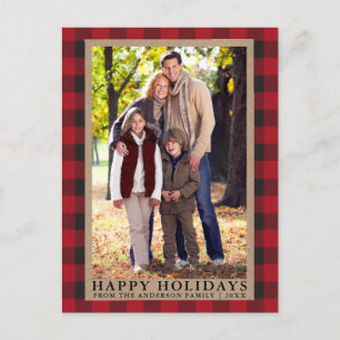Carte Postale Red Plaid Happy Holidays Kraft Photo de famille