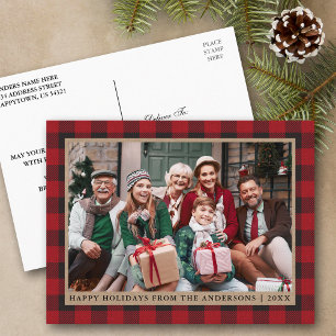 Carte Postale Red Plaid Kraft Famille Photo Joyeuses Fêtes