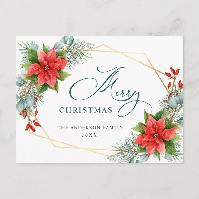 Carte Postale Red Poinsettia Holly Noël voeux (Devant)