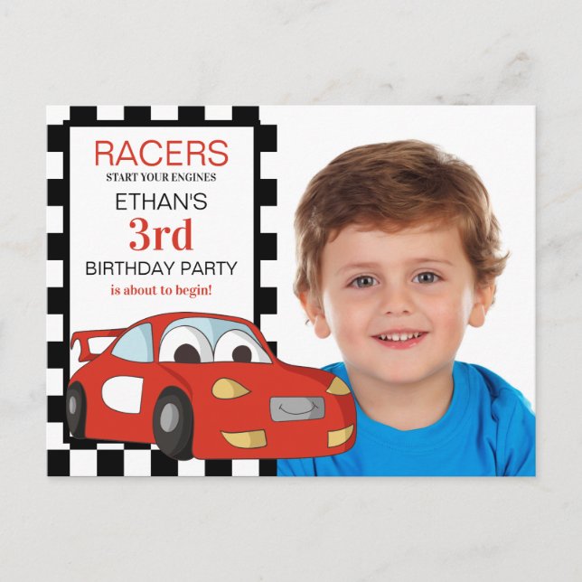 Carte Postale Red Race Car Black White À damiers 3e anniversaire (Devant)