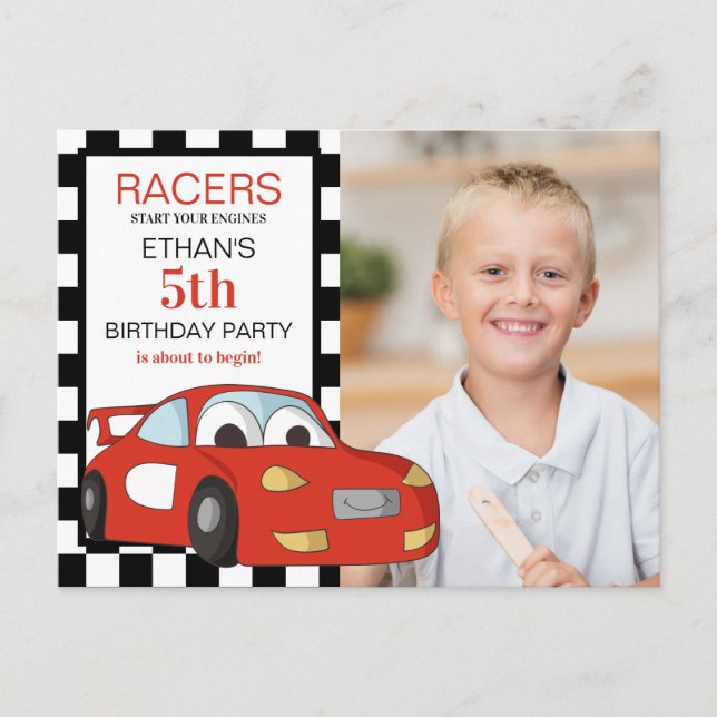 Carte Postale Red Race Car Black White À damiers 5e anniversaire (Devant)