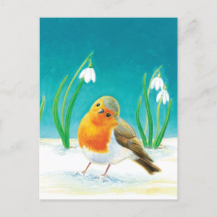 Carte Postale Red Robin Bird (Erithacus rubecula) & Snowdrops