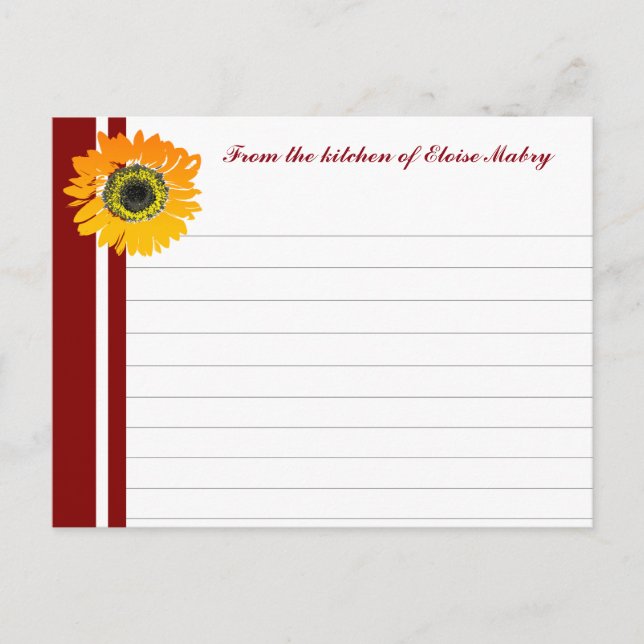 Carte Postale Red Stripes Sunflower Personalized Recipe Cards (Devant)
