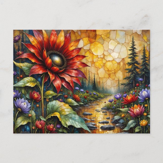 Carte Postale Red Sunflower in valley by stream (Devant)